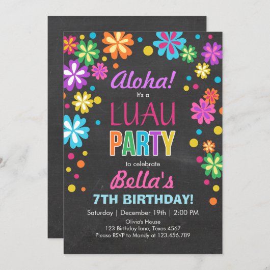 ルアウ(ハワイ式宴会)パーティの招待状トロピカル誕生日アロハ 招待状 (正面/裏面)