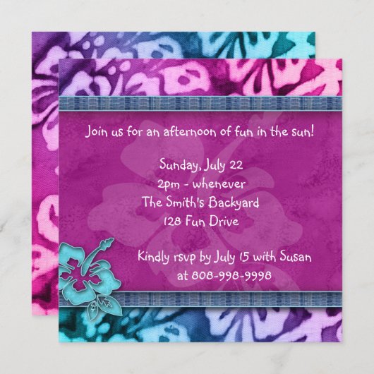 ルアウ(ハワイ式宴会)パーティの招待状ハイビスカスピンクブルー 招待状 (正面/裏面)