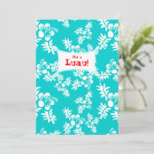 ルアウ（ハワイ式宴会）パーティの招待状ハイビスカスフラワーブルーホワイト 招待状 (スタンド正面)