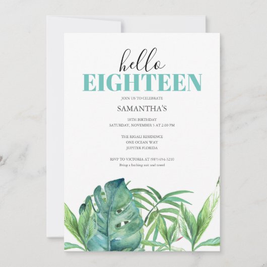 ルアウ（ハワイ式宴会）パーティの招待状水彩第18誕生日 (正面)