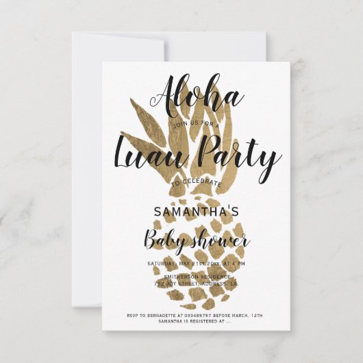 ルアウ（ハワイ式宴会）パーティーアロハベビーシャワーシック金ゴールドパイナップル 招待状 (正面)
