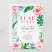 ルアウ(ハワイ式宴会)パーティートロピカルピンクフローラハワイアン誕生日 招待状 (正面)