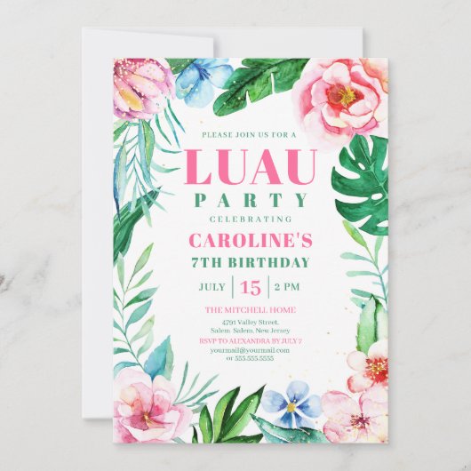 ルアウ（ハワイ式宴会）パーティートロピカルピンクフローラハワイアン誕生日 招待状