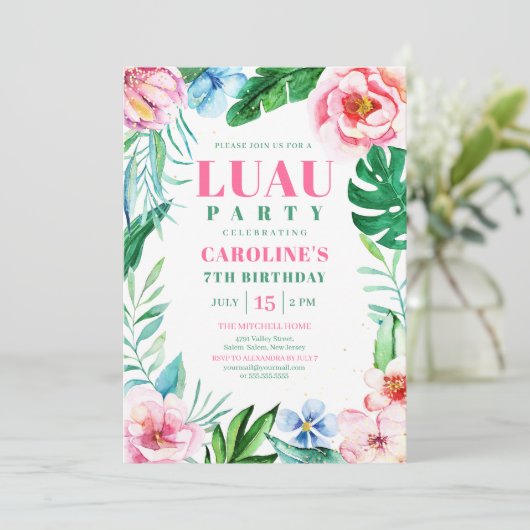 ルアウ（ハワイ式宴会）パーティートロピカルピンクフローラハワイアン誕生日 招待状 (スタンド正面)