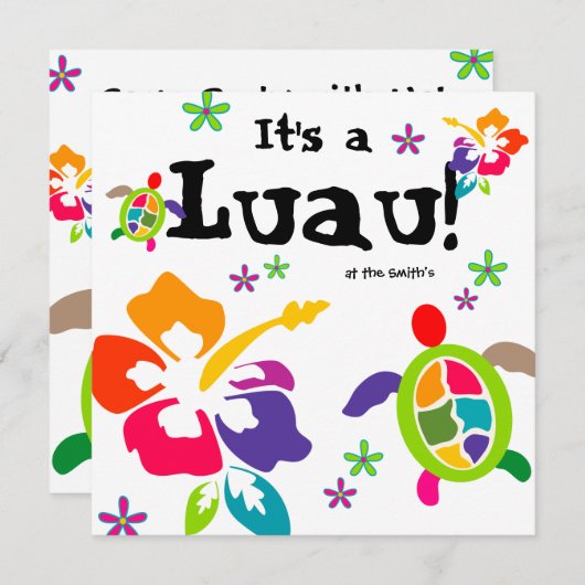 ルアウ（ハワイ式宴会）パーティーハイビスカスフラワーズタカラフルメ 招待状 (正面/裏面)