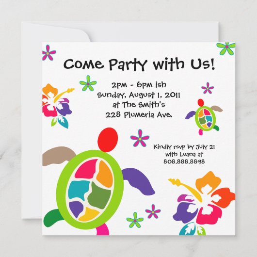 ルアウ（ハワイ式宴会）パーティーハイビスカスフラワーズタカラフルメ 招待状 (裏面)