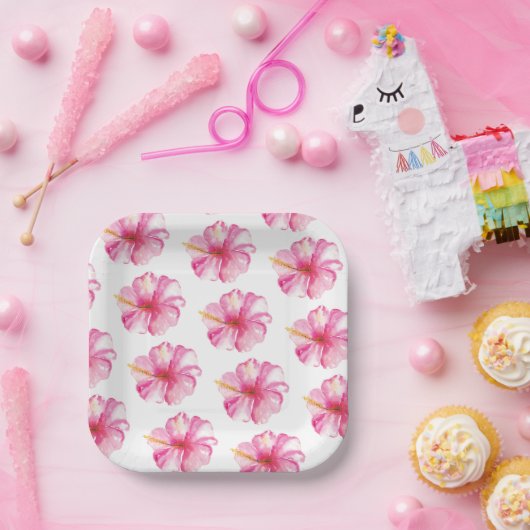 ルアウ(ハワイ式宴会)パーティーピンクハイビスカスフラワーズ紙プレート ペーパープレート (パーティー)