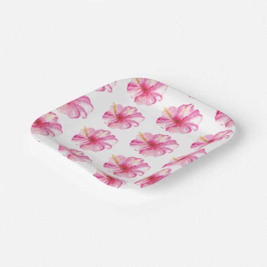 ルアウ(ハワイ式宴会)パーティーピンクハイビスカスフラワーズ紙プレート ペーパープレート (傾斜あり)