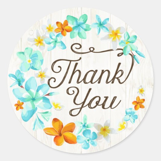 ルアウ(ハワイ式宴会)ビーチプルメリアレイサンキューラベル ラウンドシール (正面)