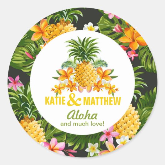ルアウ(ハワイ式宴会)ビーチ熱帯フローラステッカーラベル ラウンドシール (正面)