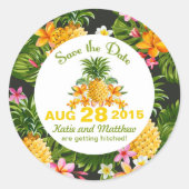 ルアウ(ハワイ式宴会)ビーチ熱帯フローラ日付ラベルを保存 ラウンドシール (正面)