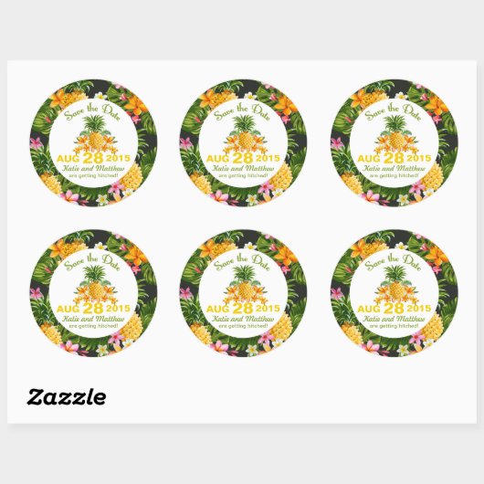 ルアウ(ハワイ式宴会)ビーチ熱帯フローラ日付ラベルを保存 ラウンドシール (シート)