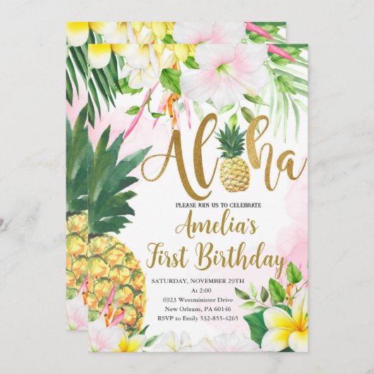 ルアウ（ハワイ式宴会）ファースト誕生日、トロピカル誕生日、アロハ 招待状 (正面/裏面)