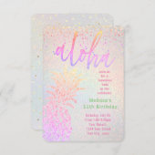 ルアウ(ハワイ式宴会)フェイクカラフルグリッターパイナップル誕生日 招待状 (正面/裏面)