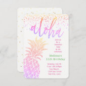 ルアウ(ハワイ式宴会)フェイクグリッターパイナップル誕生日パーティー 招待状 (正面/裏面)