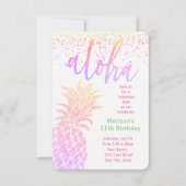 ルアウ（ハワイ式宴会）フェイクグリッターパイナップル誕生日パーティー 招待状 (正面)