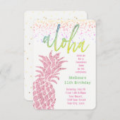 ルアウ（ハワイ式宴会）フェイクグリッターピンクパイナップル夏の誕生日 招待状 (正面/裏面)