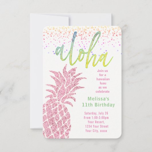 ルアウ（ハワイ式宴会）フェイクグリッターピンクパイナップル夏の誕生日 招待状 (正面)