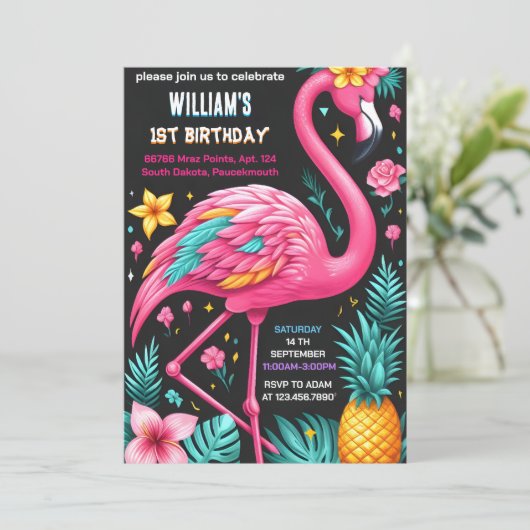 ルアウ(ハワイ式宴会)フライピンクフラミンゴプールパーティー1歳 招待状 (スタンド正面)