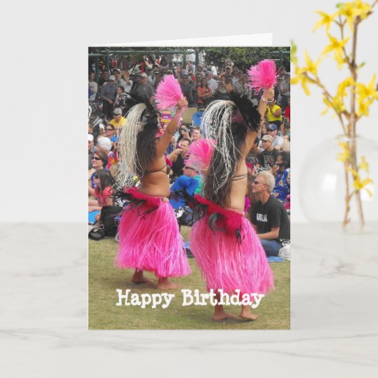 ルアウ（ハワイ式宴会）フラダンサー、マウイ・ハワイ誕生日 カード (黄色い花)