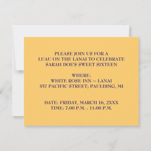 ルアウ(ハワイ式宴会)フラダンスパーティの招待状~SWEET SIXTEEN 招待状 (裏面)