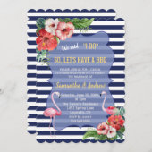 ルアウ(ハワイ式宴会)フラミンゴフローラネイビーストライプズI DO BBQ招待状 招待状 (正面/裏面)