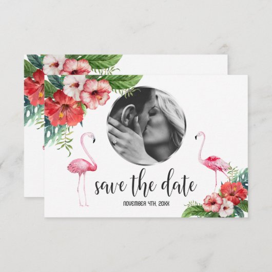 ルアウ(ハワイ式宴会)フラミンゴ熱帯フローラ写真Save The Date セーブザデート (正面/裏面)