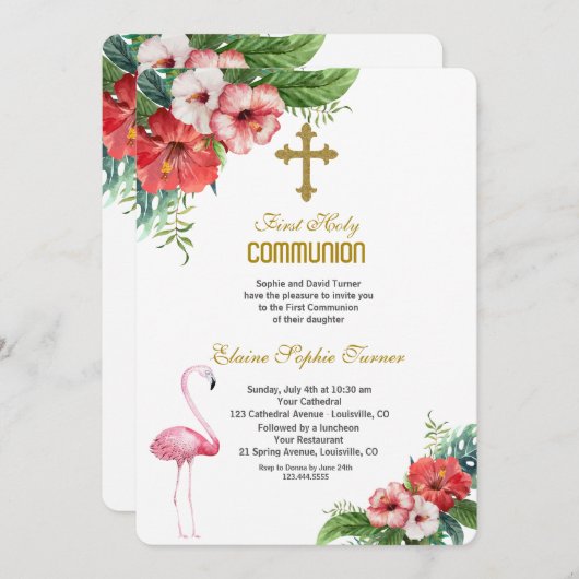 ルアウ（ハワイ式宴会）フラミンゴ熱帯フローラ聖餐式 招待状 (正面/裏面)
