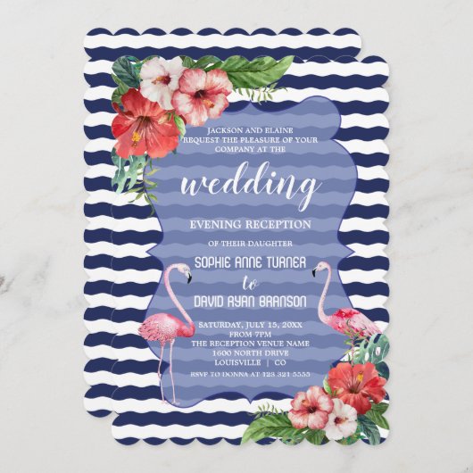 ルアウ（ハワイ式宴会）フラミンゴ結婚フローラ夕べ披露宴 招待状 (正面/裏面)