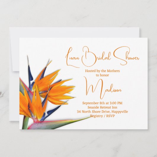 ルアウ(ハワイ式宴会)ブライダルシャワーオレンジバードオブパラダイスデザイン 招待状 (正面)