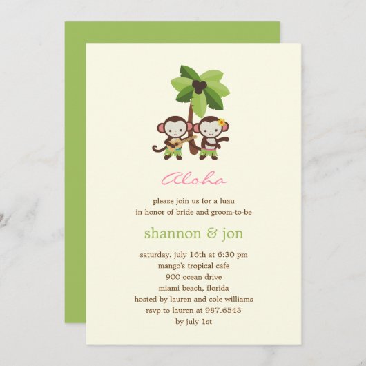 ルアウ(ハワイ式宴会)モンキー婚約パーティまたはシャワー招待状 招待状 (正面/裏面)