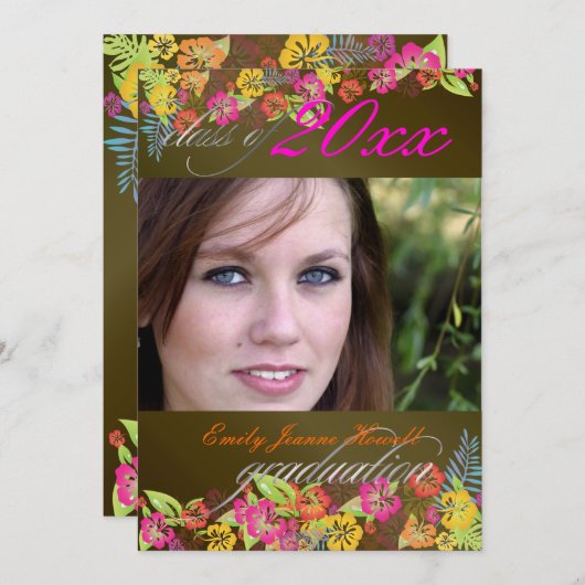 ルアウ（ハワイ式宴会）卒業パーティー/ハイビスカス/レインボー 招待状 (正面/裏面)