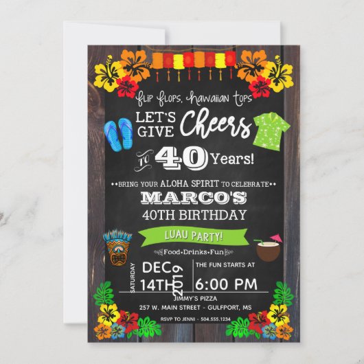 ルアウ（ハワイ式宴会）招待状、ルアウ（ハワイ式宴会）誕生日招待状 招待状 (正面)