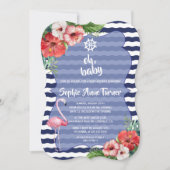 ルアウ（ハワイ式宴会）熱帯フラミンゴ海軍ストライプの赤ちゃんシャワー 招待状 (正面)