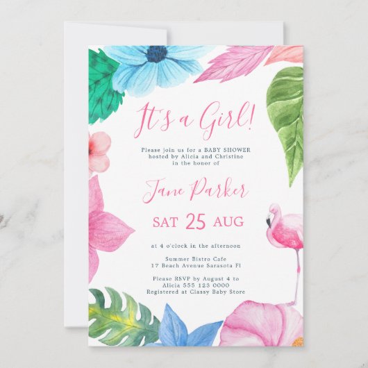 ルアウ(ハワイ式宴会)熱帯フローラその女の子の赤ちゃんシャワー 招待状 (正面)