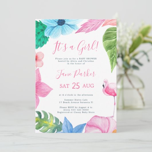 ルアウ(ハワイ式宴会)熱帯フローラその女の子の赤ちゃんシャワー 招待状 (スタンド正面)