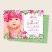 ルアウ（ハワイ式宴会）熱帯フローラフォトガール第1回誕生日 招待状