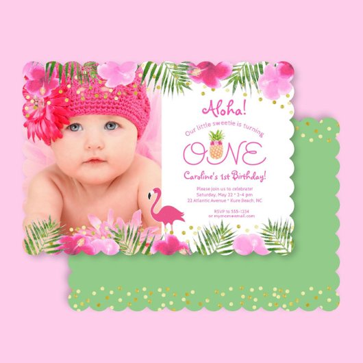 ルアウ（ハワイ式宴会）熱帯フローラフォトガール第1回誕生日 招待状