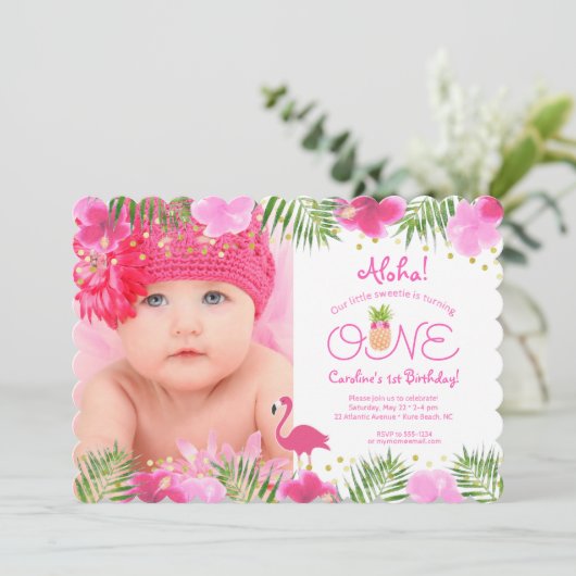 ルアウ（ハワイ式宴会）熱帯フローラフォトガール第1回誕生日 招待状 (スタンド正面)