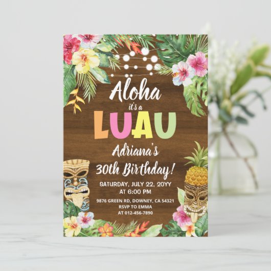 ルアウ(ハワイ式宴会)素朴トロピカルアロハ誕生日招待状 招待状 (スタンド正面)