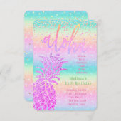 ルアウ（ハワイ式宴会）紫フェイクグリッターパイナップル誕生日パーティー 招待状 (正面/裏面)