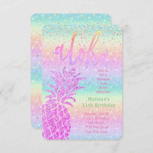 ルアウ（ハワイ式宴会）紫フェイクグリッターパイナップル誕生日パーティー 招待状 (正面/裏面)