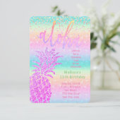 ルアウ（ハワイ式宴会）紫フェイクグリッターパイナップル誕生日パーティー 招待状 (スタンド正面)