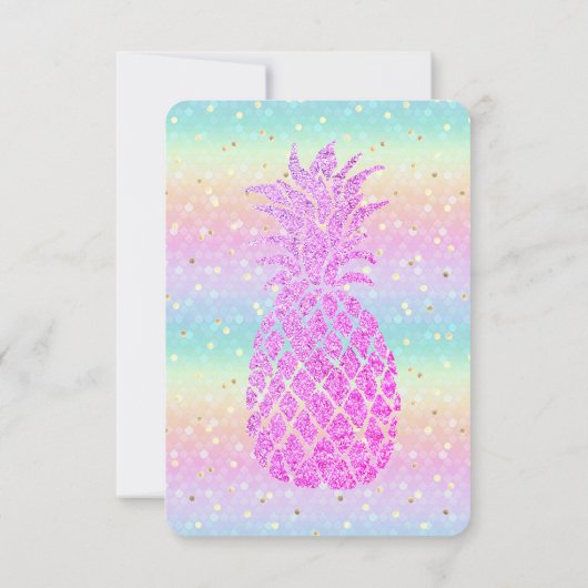 ルアウ（ハワイ式宴会）紫フェイクグリッターパイナップル誕生日パーティー 招待状 (裏面)