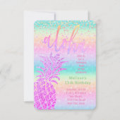 ルアウ（ハワイ式宴会）紫フェイクグリッターパイナップル誕生日パーティー 招待状 (正面)