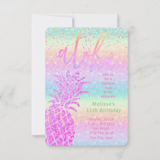 ルアウ（ハワイ式宴会）紫フェイクグリッターパイナップル誕生日パーティー 招待状 (正面)