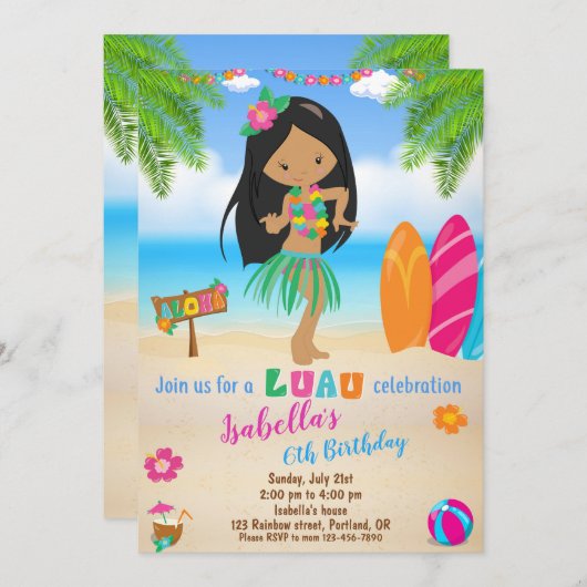 ルアウ（ハワイ式宴会）誕生日の招待サマービーチパーティー招待状 招待状 (正面/裏面)