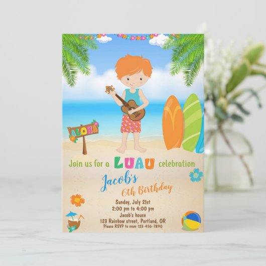 ルアウ（ハワイ式宴会）誕生日の招待サマービーチパーティー招待状 招待状 (スタンド正面)