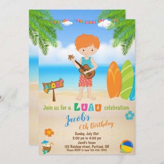 ルアウ（ハワイ式宴会）誕生日の招待サマービーチパーティー招待状 招待状 (正面/裏面)