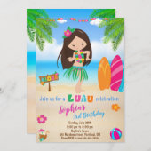 ルアウ(ハワイ式宴会)誕生日の招待トロピカルビーチパーティーガール 招待状 (正面/裏面)